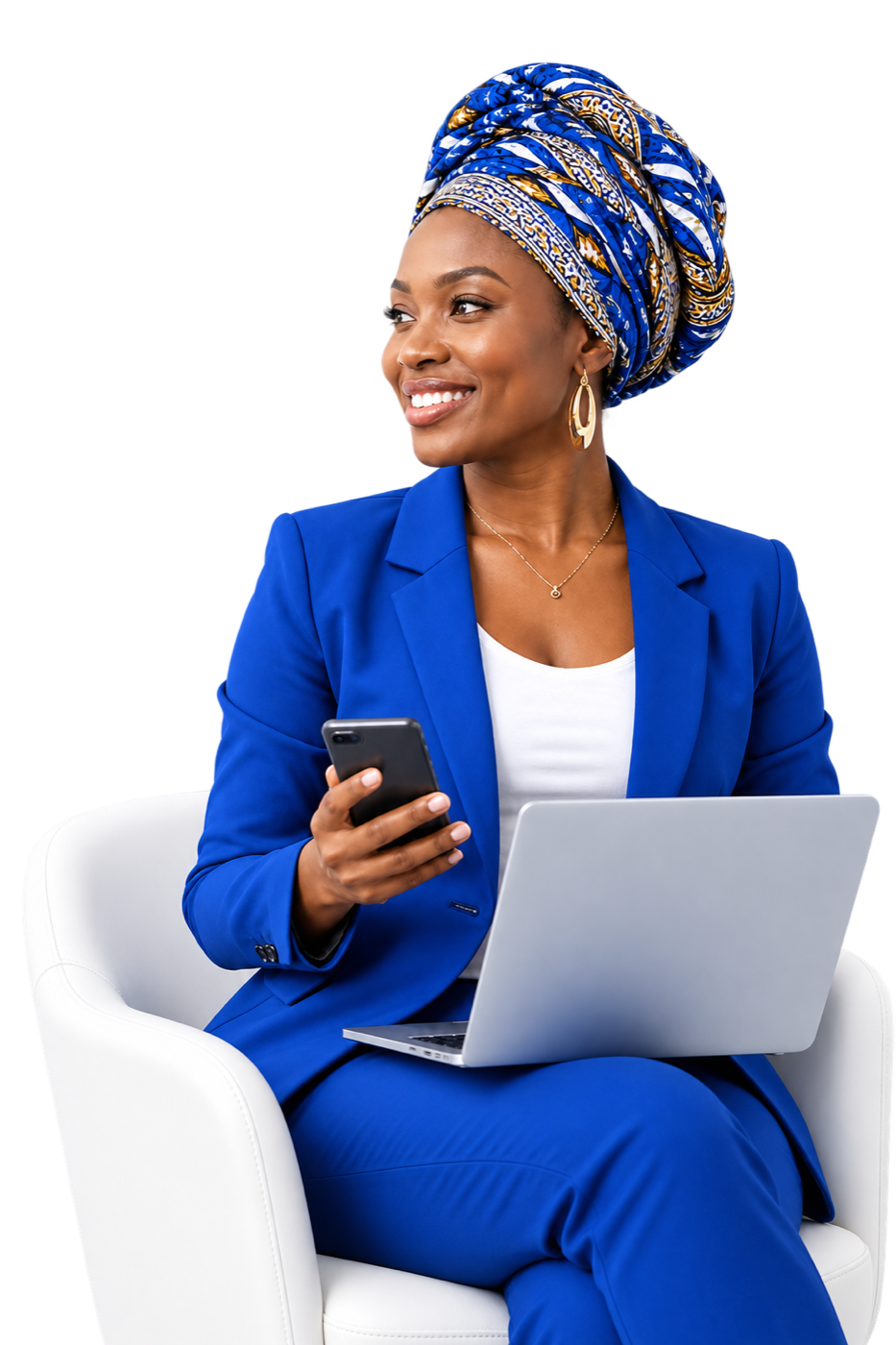Professional African woman working with a laptop and smartphone