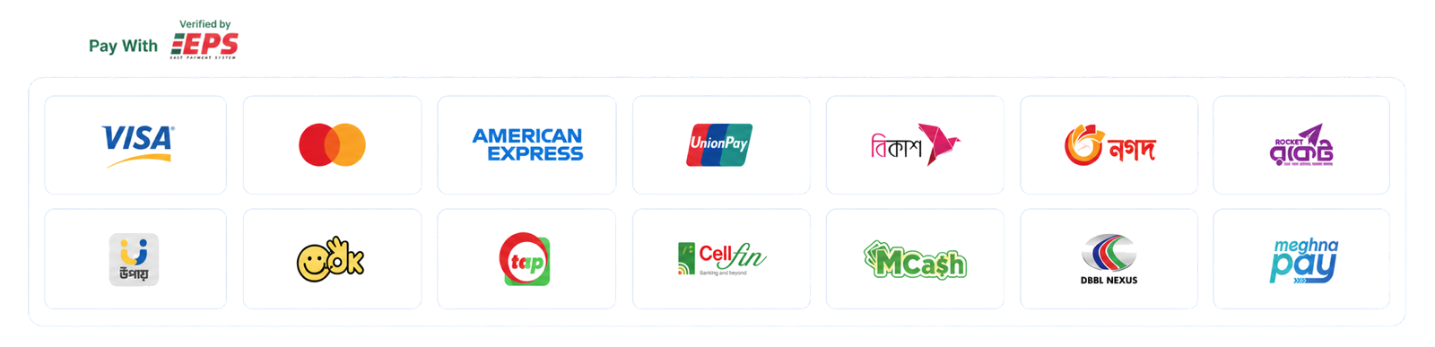 Pay with EPS: Visa, Mastercard, American Express, UnionPay, bKash, Nagad, Rocket, Upay and supported banking payment methods